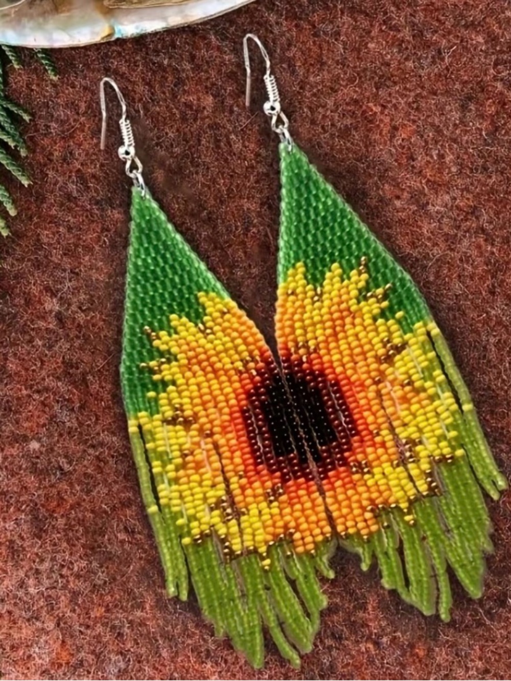 Handmade Green & Yellow Sunflower Beaded Earrings